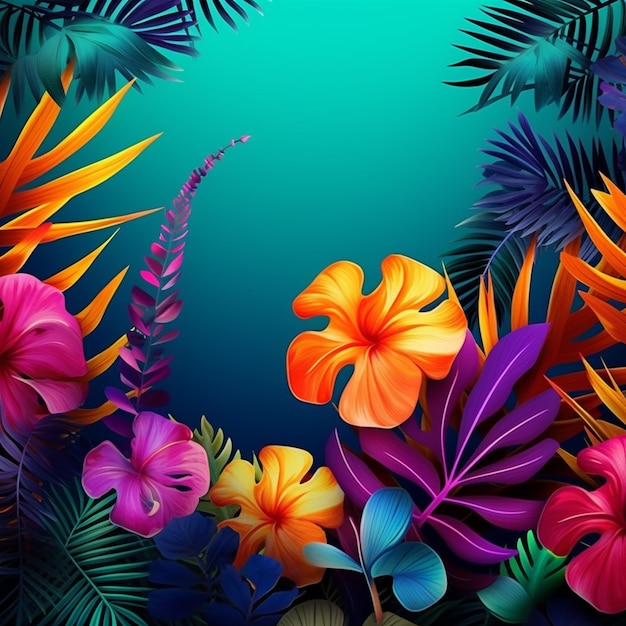 Photo un fond tropical coloré avec des fleurs et des feuilles tropicales.