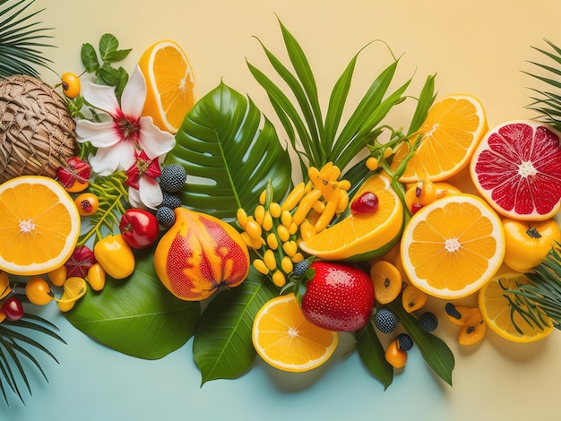 Fond tropical d'été avec des feuilles de fruits ai génératif