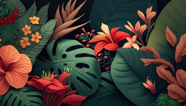 Un fond tropical avec des plantes et des fleurs tropicales.