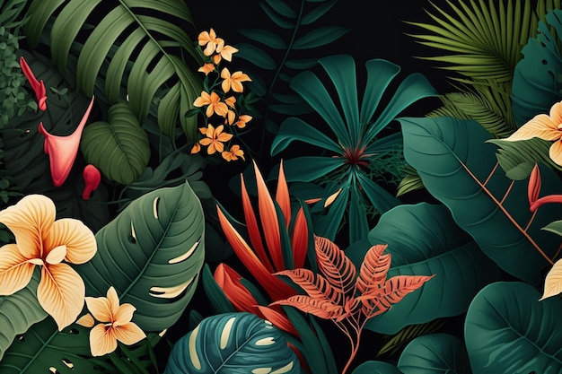 Un fond tropical avec des plantes et des fleurs tropicales.