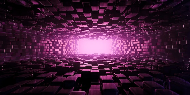 Fond de tunnel abstrait 3d à partir de carrés et de rectangles avec volume et lumière violette à la fin