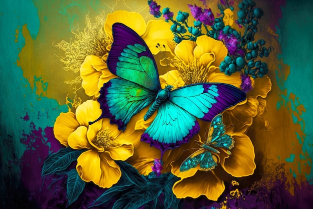 Fond turquoise violet jaune avec fleurs et papillon