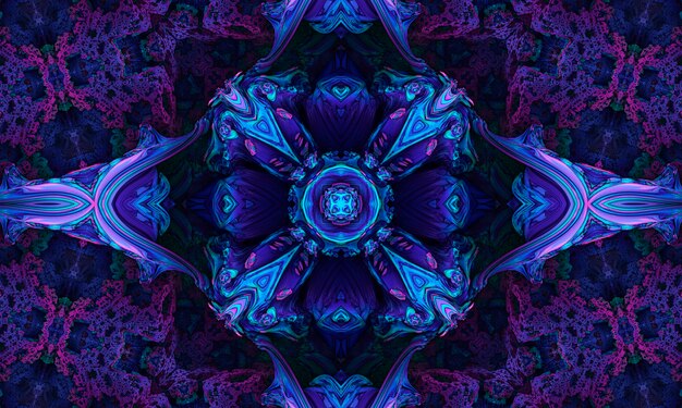 Fond ultra violet, fleurs tropicales de bougainvilliers avec effet kaléidoscope, motif floral mandala.