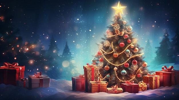fond de vacances avec arbre de Noël illuminé et coffrets cadeaux