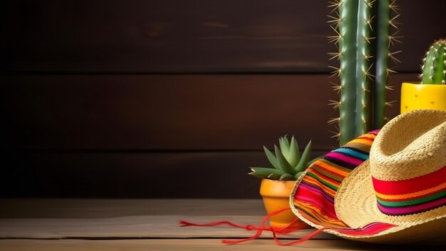 Photo fond de vacances de cinco de mayo avec chapeau sombrero de cactus mexicain sur une surface en bois réseau de neurones généré en mai 2023 non basé sur une scène ou un modèle de personne réelle