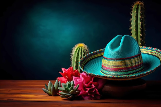 Fond de vacances de Cinco de Mayo Chapeau sombrero de fête mexicaine et fleurs sur fond de bois Illustration d'IA générative