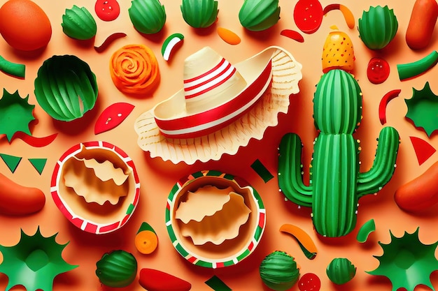 Fond de vacances de Cinco de Mayo avec des chips de nachos de cactus mexicains maracas Generative Ai