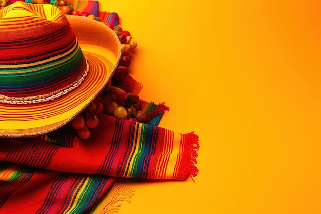 Fond de vacances de Cinco de Mayo fabriqué à partir de rayures de couverture mexicaine maracas ou de poncho serape et d'un chapeau