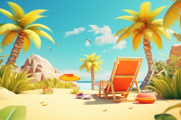 Fond de vacances d'été avec chapeau de chaise de plage et feuilles de palmier