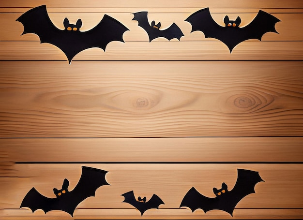 Fond de vacances d'Halloween avec chauve-souris sur une table en bois avec espace de copie pour le texte