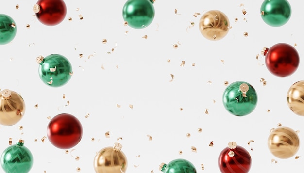 Photo fond de vacances de noël ou du nouvel an, boules brillantes avec des confettis, rendu 3d