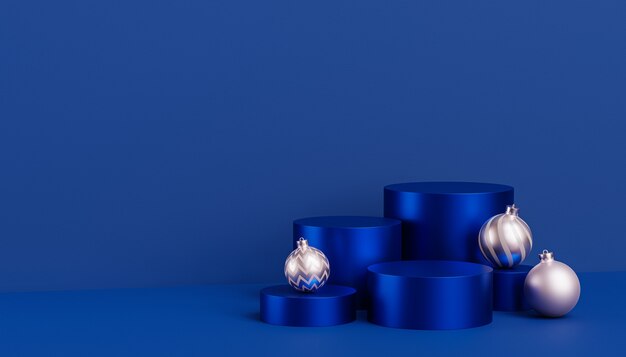 Fond de vacances de Noël ou du Nouvel An, podiums ou piédestaux bleus pour les produits ou la publicité avec des boules, rendu 3d