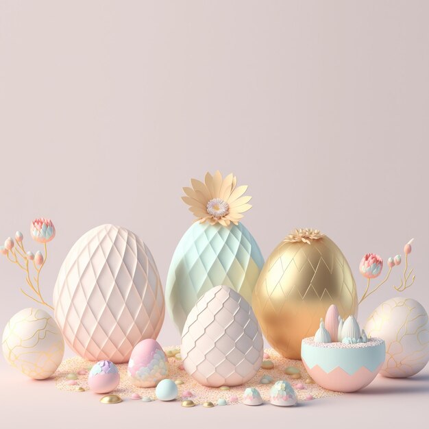Fond de vacances de Pâques avec des oeufs de Pâques 3D et décoration florale