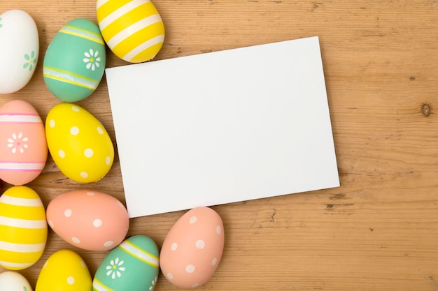 Fond de vacances de Pâques Oeufs de Pâques décorés de couleur pastel avec une étiquette blanche vierge sur un fond en bois