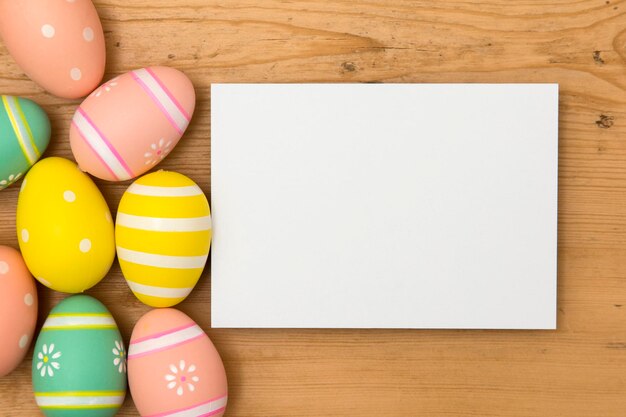 Fond de vacances de Pâques Oeufs de Pâques décorés de couleur pastel avec une étiquette blanche vierge sur un fond en bois