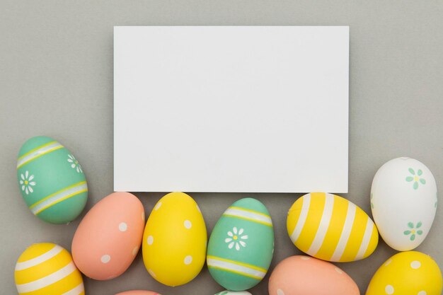 Fond de vacances de Pâques Oeufs de Pâques décorés de couleur pastel avec une étiquette blanche vierge