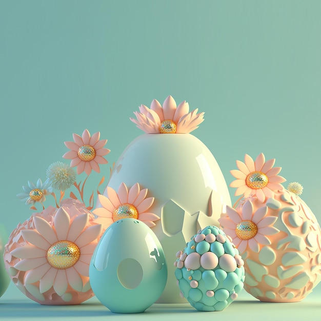 Fond de vacances de Pâques avec des oeufs de Pâques de rendu 3D et Floral