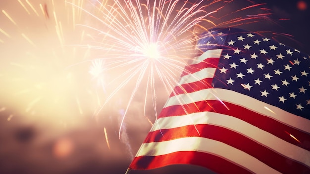 Fond de vacances USA avec drapeau et feux d'artifice Illustration AI GenerativexA