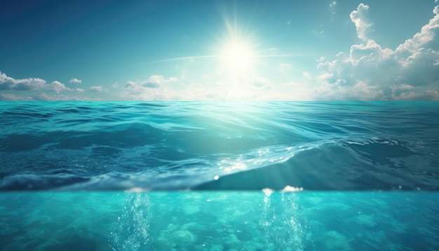 Fond de vague de mer ou d'océan vue en contre-plongée Vue depuis l'eau d'un ciel bleu clair et soleil