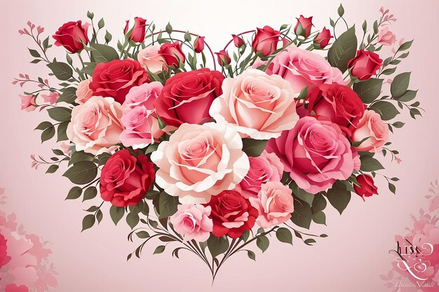 Fond de vecteur avec coeur et roses rouges et roses et fleurs de lisianthus