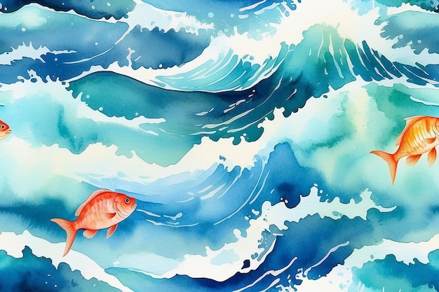 Un fond vectoriel d'aquarelle d'eau de mer translucide avec des poissons de mer et des vagues vibrantes