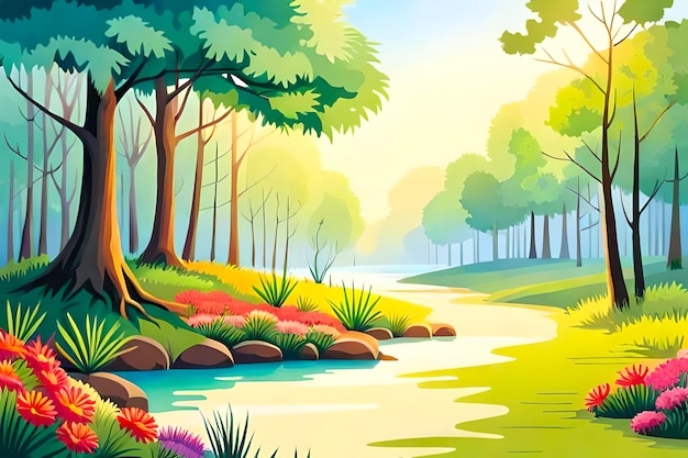 Fond vectoriel aquarelle avec une scène de forêt fantaisiste avec des arbres luxuriants