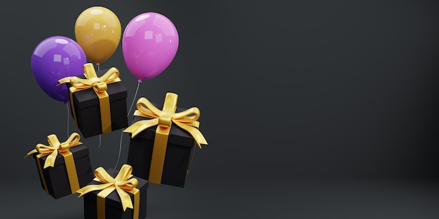 Fond de vendredi noir avec ballons et boîte-cadeau rendu 3d