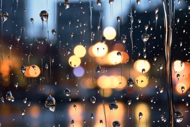 Fond de verre avec des gouttes de pluie et des lampadaires la nuit ai générative