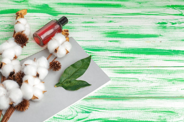 fond vert avec branche de coton, tampons de coton