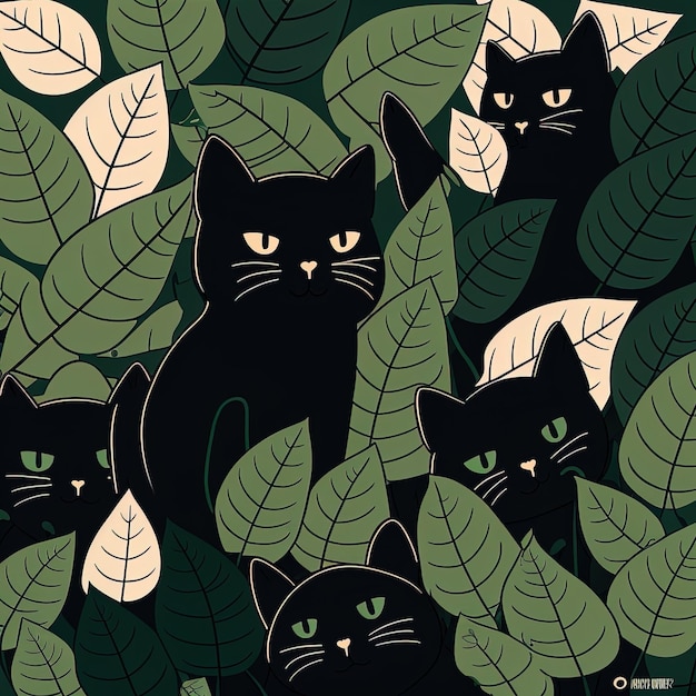 un fond vert avec un chat noir avec des feuilles et un fond vert.