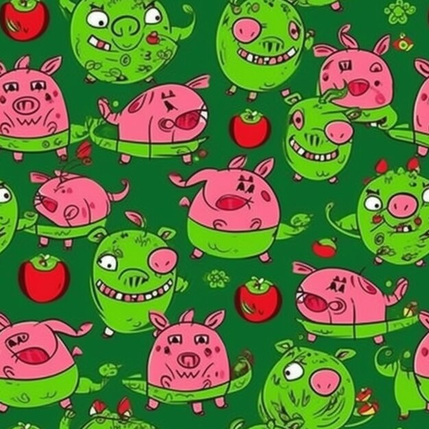 Un fond vert avec un cochon de dessin animé et une pomme rouge.