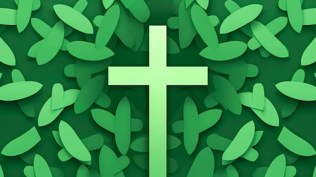 Fond vert avec croix et feuilles générative ai