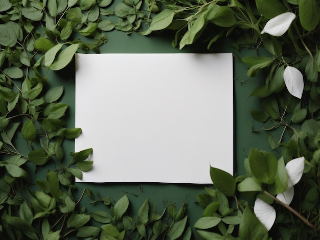 Un fond vert avec une feuille de papier blanche et une fleur blanche