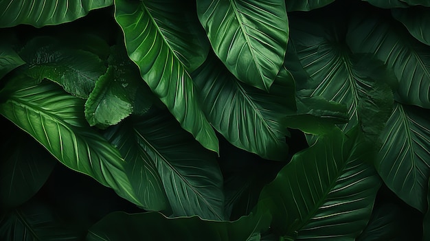 Fond vert foncé avec des feuilles de feuilles tropicales et une texture de feuilles vertes abstraites IA générative