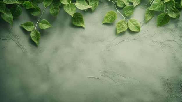 Fond vert et gris en béton avec feuilles vue de dessus plate espace de copie AI