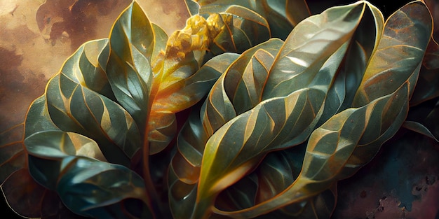 Fond vert à motifs de feuilles de calathea lutea. Illustration numérique