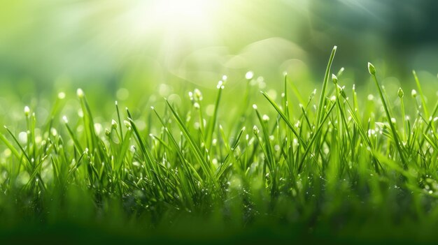 Fond vert naturel de jeune herbe juteuse au soleil avec un beau bokeh