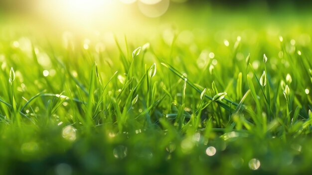 Fond vert naturel de jeune herbe juteuse au soleil avec un beau bokeh