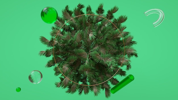 Fond vert de Noël avec le rendu 3D d'éléments d'or et de verre