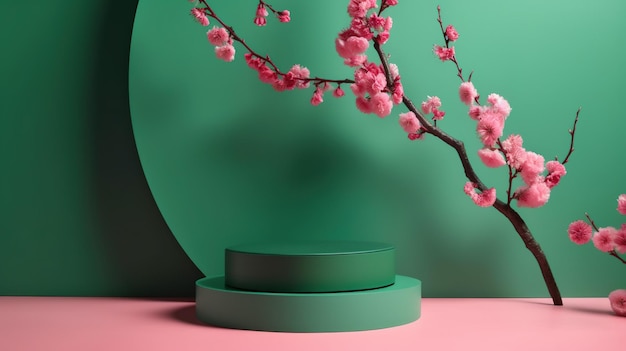 Un fond vert et rose avec une branche de fleurs de cerisier.