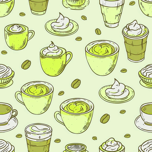 un fond vert avec des tasses de thé et de crème glacée