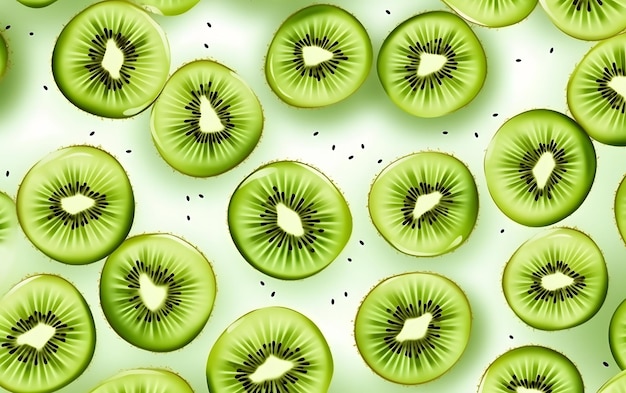 Un fond vert avec des tranches de kiwi et des graines.