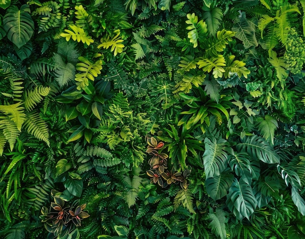 un fond vert avec une variété de plantes et d'arbres