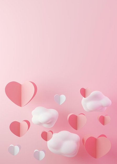 Fond vertical rose avec coeurs nuages et espace de copie Saint Valentin Toile de fond de la fête des mères de la femme Espace vide pour le logo d'invitation de texte publicitaire Conception de carte de voeux de carte postale 3D