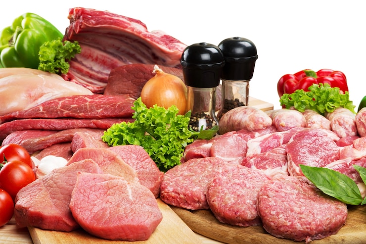 Photo fond de viande crue fraîche avec des légumes