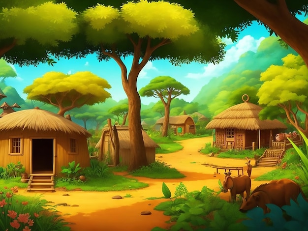 Photo fond de village africain de dessin animé avec une jungle