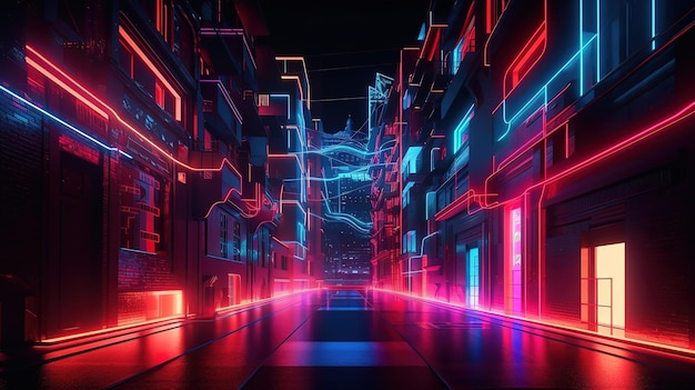 Fond de ville néon bleu rouge avec des formes géométriques et des lumières rougeoyantes Generative Ai