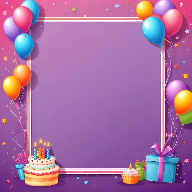 un fond violet avec des ballons et un cadre avec un gâteau d'anniversaire