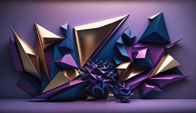 Un fond violet et bleu avec un grand nombre de triangles et un petit objet noir.