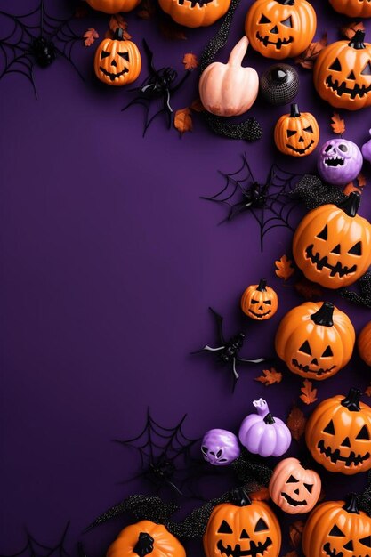 un fond violet avec des citrouilles et des chauves-souris d'Halloween